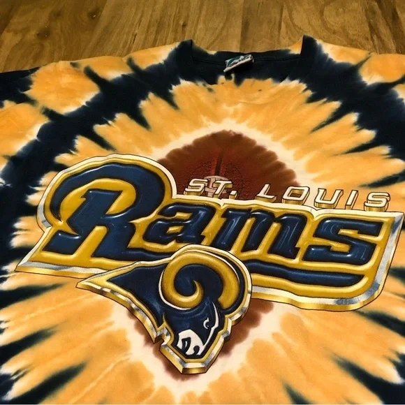 Vintage 90s Liquid Blue St Louis Rams Tie Dye Blue Gold Circles T-Shirt Large - Picture 2 of 10